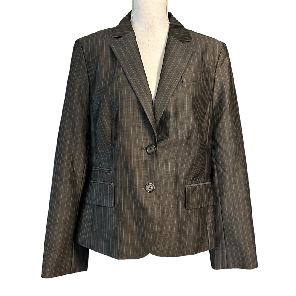 LOFT Two Button Striped Career Wool Blend Blazer Women’s SZ‎ 14 Gray Pinstriped